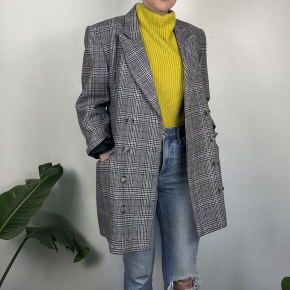 Vintage 80s 90s Houndstooth Plaid Double Breasted Blazer, Black Check Jacket - Picture 2 of 12